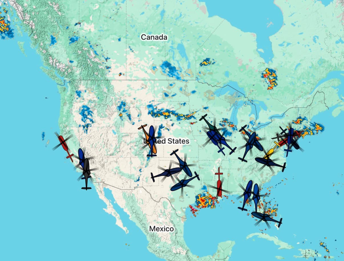 AirAssist map of the United States showing air ambulance helicopters and fixed wing aircraft over live weather radar